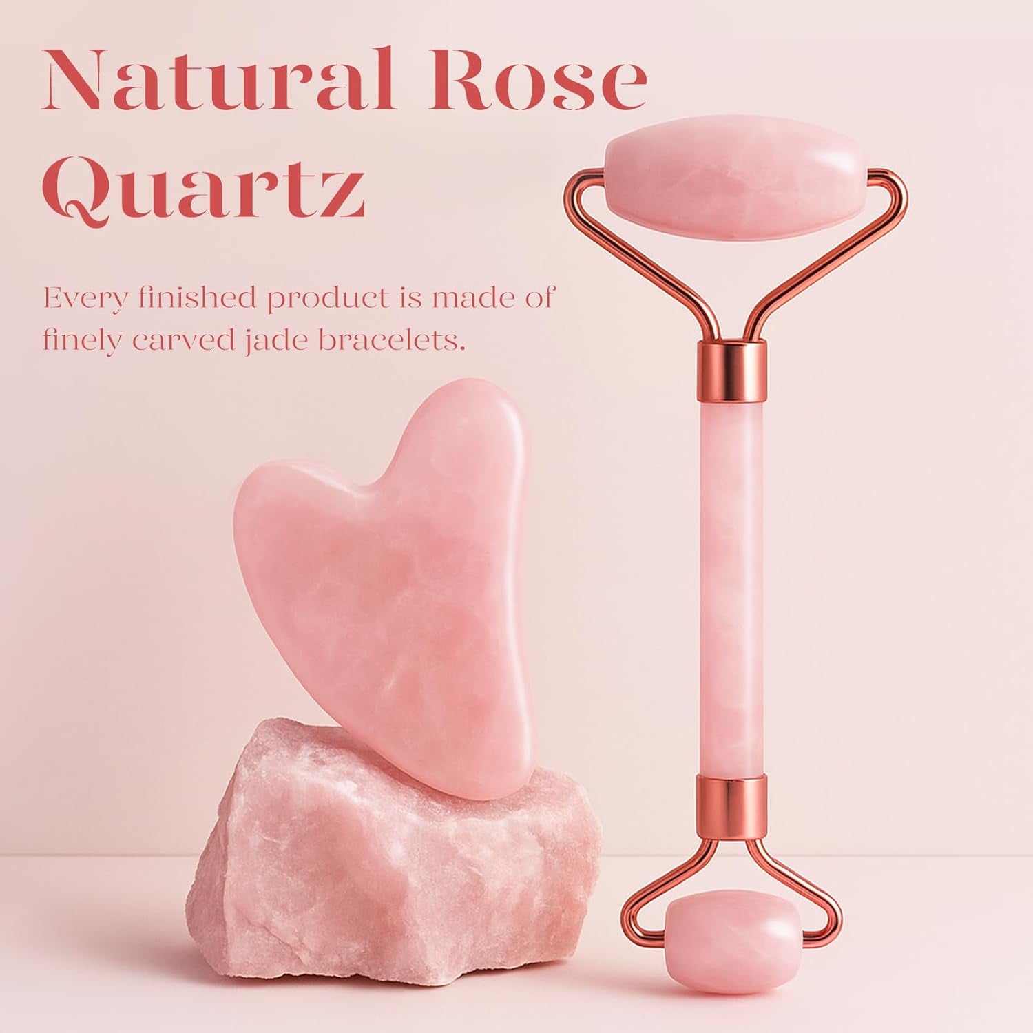 Jade Roller & Gua Sha, Face Roller, Facial Beauty Roller Skin Care Tools, Self Care Gift for Men Women, Massager for Face, Eyes, Neck, Relieve Fine Lines and Wrinkles - Rose Quartz