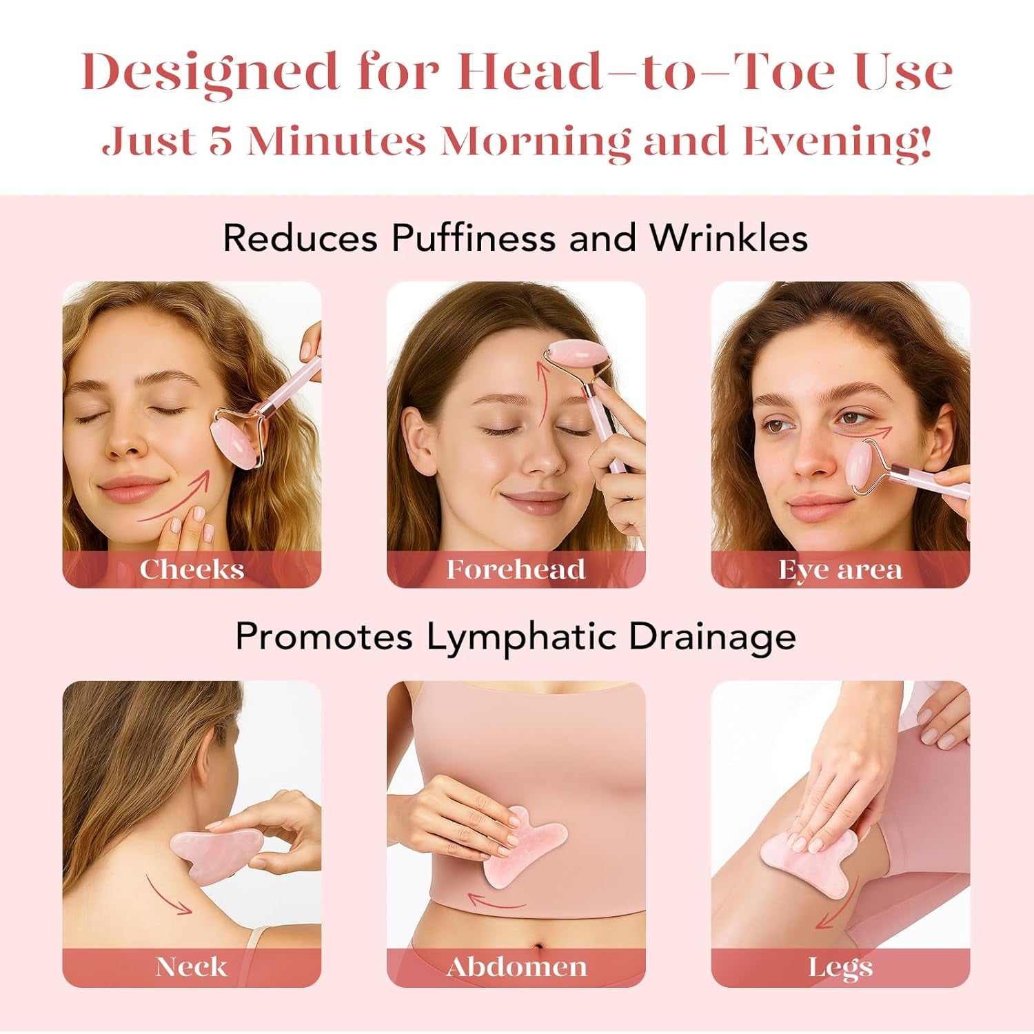 Jade Roller & Gua Sha, Face Roller, Facial Beauty Roller Skin Care Tools, Self Care Gift for Men Women, Massager for Face, Eyes, Neck, Relieve Fine Lines and Wrinkles - Rose Quartz
