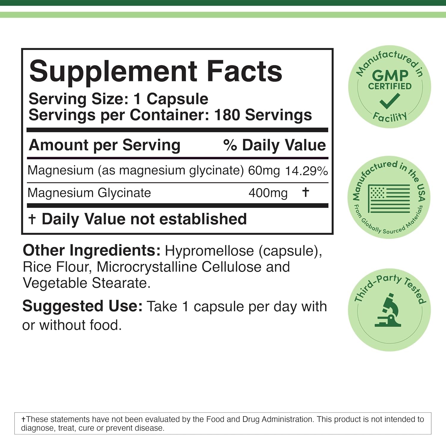 Magnesium Glycinate 400Mg | 180 Capsules | Sleep, Muscle, & Heart Support | Vegan, Third Party Tested, Gluten Free, Non-Gmo