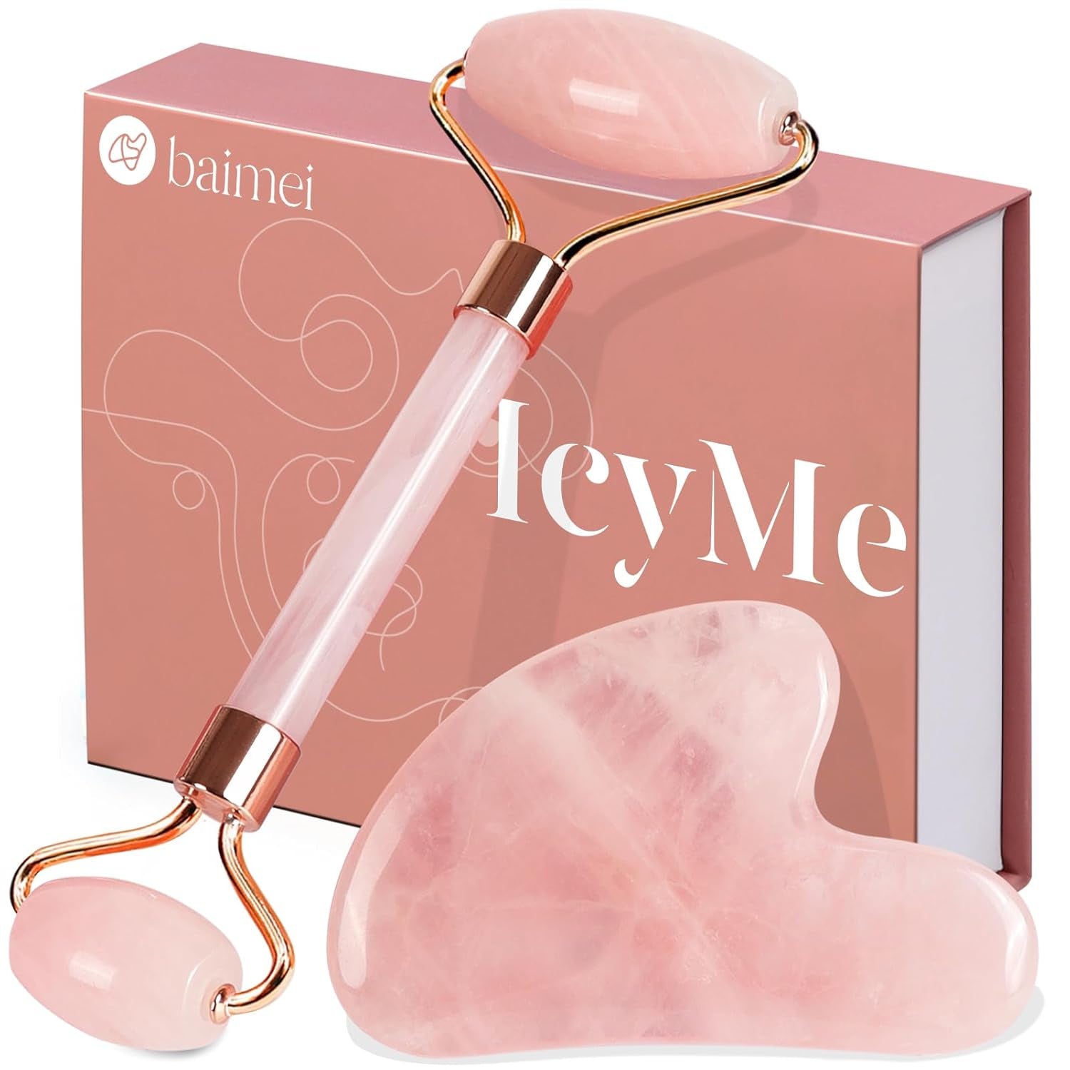 Jade Roller & Gua Sha, Face Roller, Facial Beauty Roller Skin Care Tools, Self Care Gift for Men Women, Massager for Face, Eyes, Neck, Relieve Fine Lines and Wrinkles - Rose Quartz