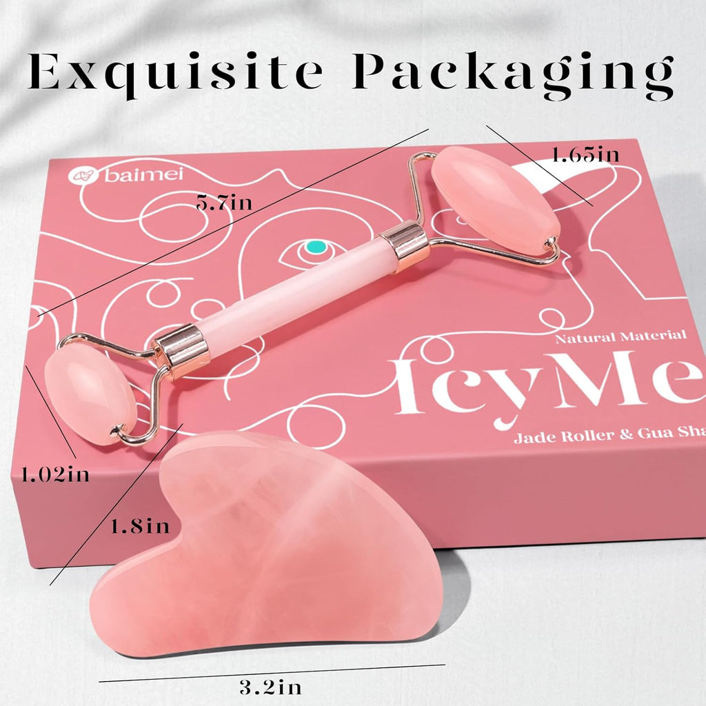 Jade Roller & Gua Sha, Face Roller, Facial Beauty Roller Skin Care Tools, Self Care Gift for Men Women, Massager for Face, Eyes, Neck, Relieve Fine Lines and Wrinkles - Rose Quartz